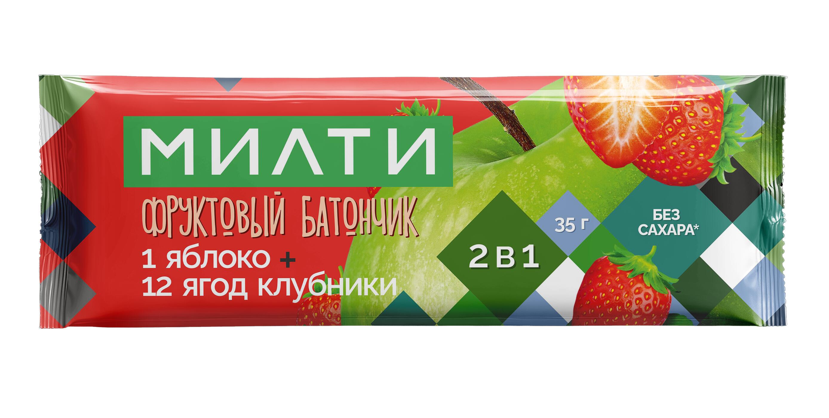 Милти: Фруктовый батончик «1 яблоко + 12 ягод клубники»