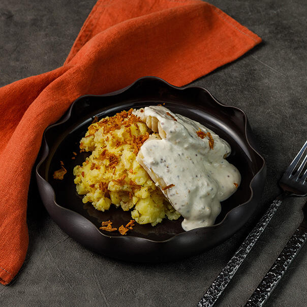 Милти: Филе трески в сливочном соусе с горчицей и юдзу с мятым картофелем