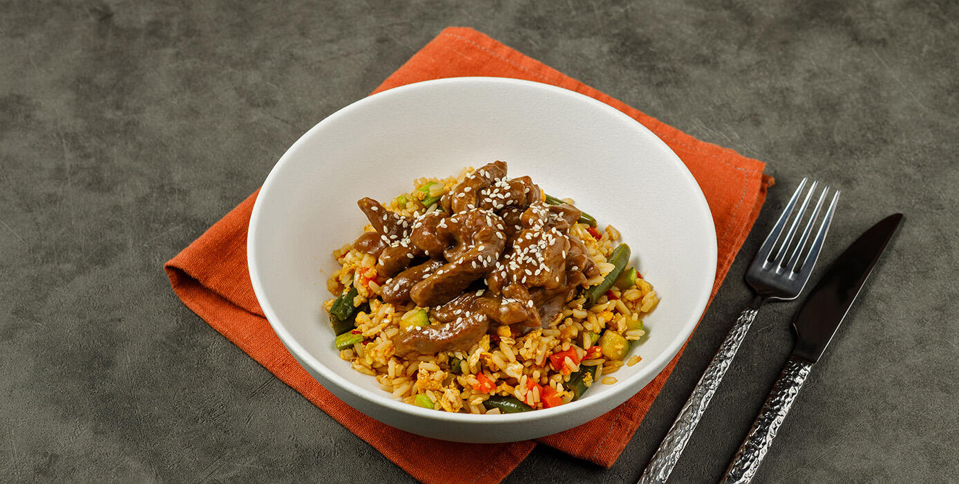 Милти: Имбирная говядина с рисом и овощами