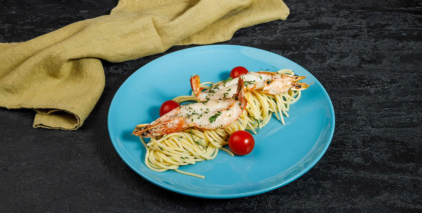 Милти: Креветки «бабочка» со спагетти оли олио