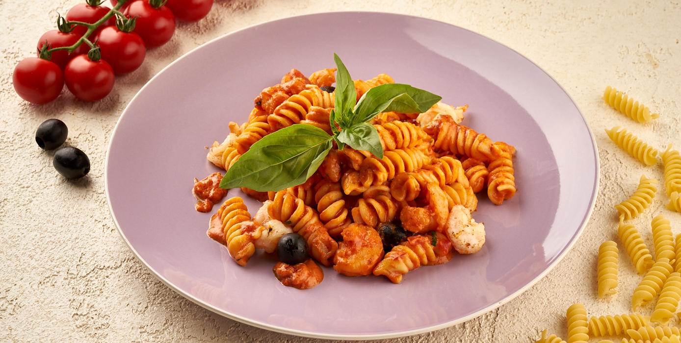 Милти: Фузилли с креветками