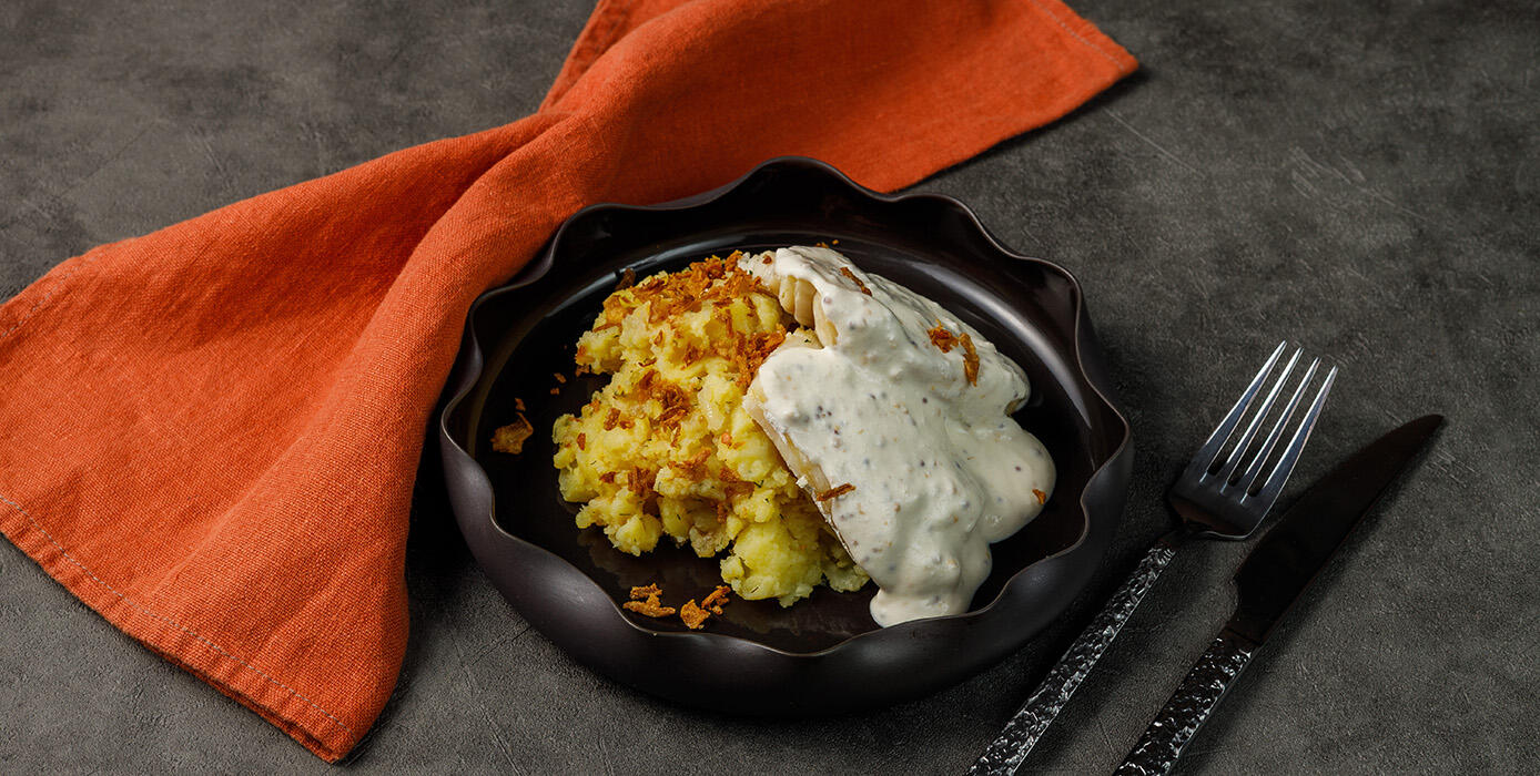 Милти: Филе трески в сливочном соусе с горчицей и юдзу с мятым картофелем