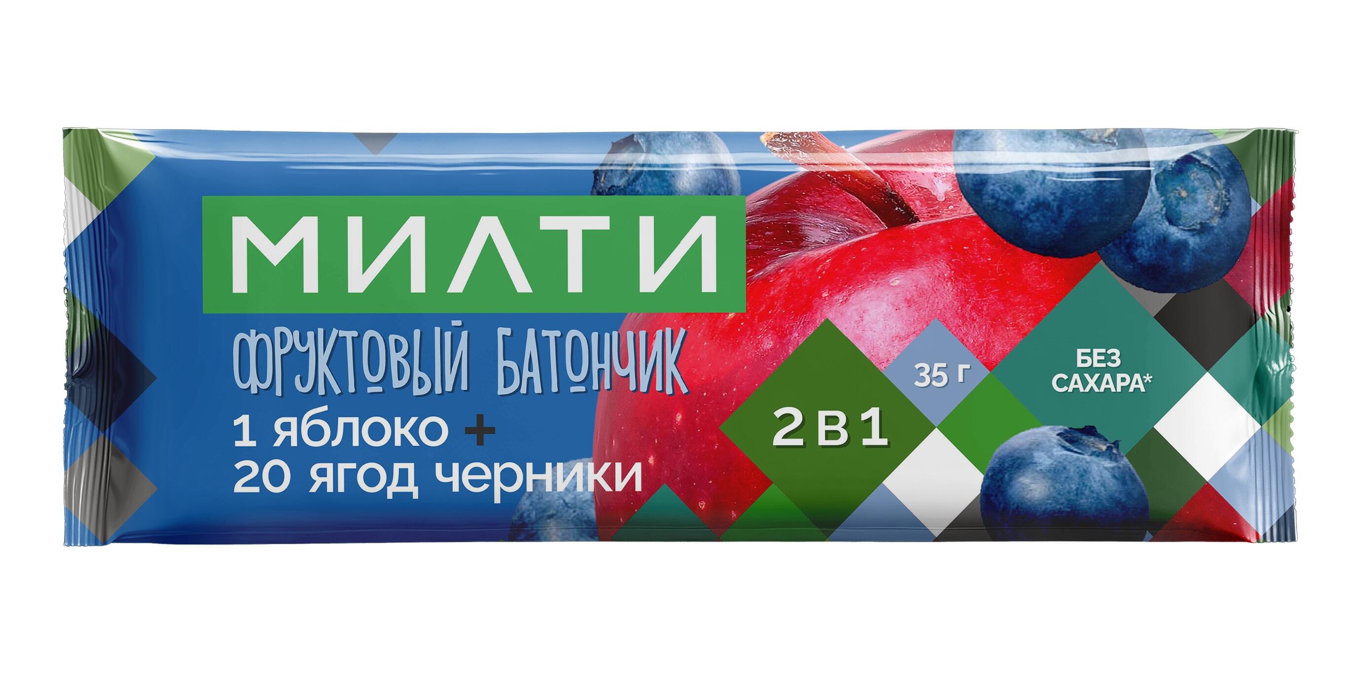 Милти: Фруктовый батончик «1 яблоко + 20 ягод черники»