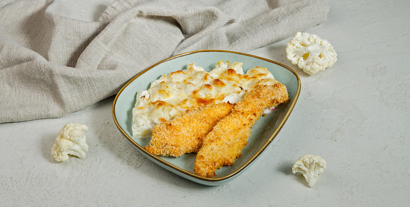 Милти: Цветная капуста под сырной шапкой с куриными стрипсами